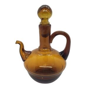Vintage Amber Glass Cruet Decanter With Stopper Hand Blown 8" Tall Mid Century